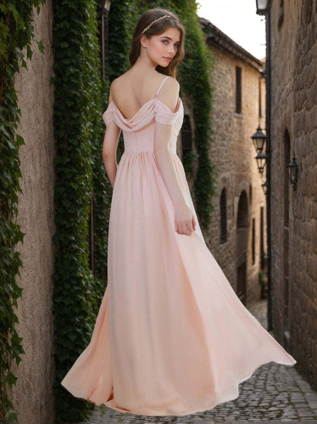 Spaghetti Strap Floor-Length Chiffon A-Line Bridesmaid Dress with Ruffles