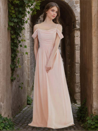Spaghetti Strap Floor-Length Chiffon A-Line Bridesmaid Dress with Ruffles