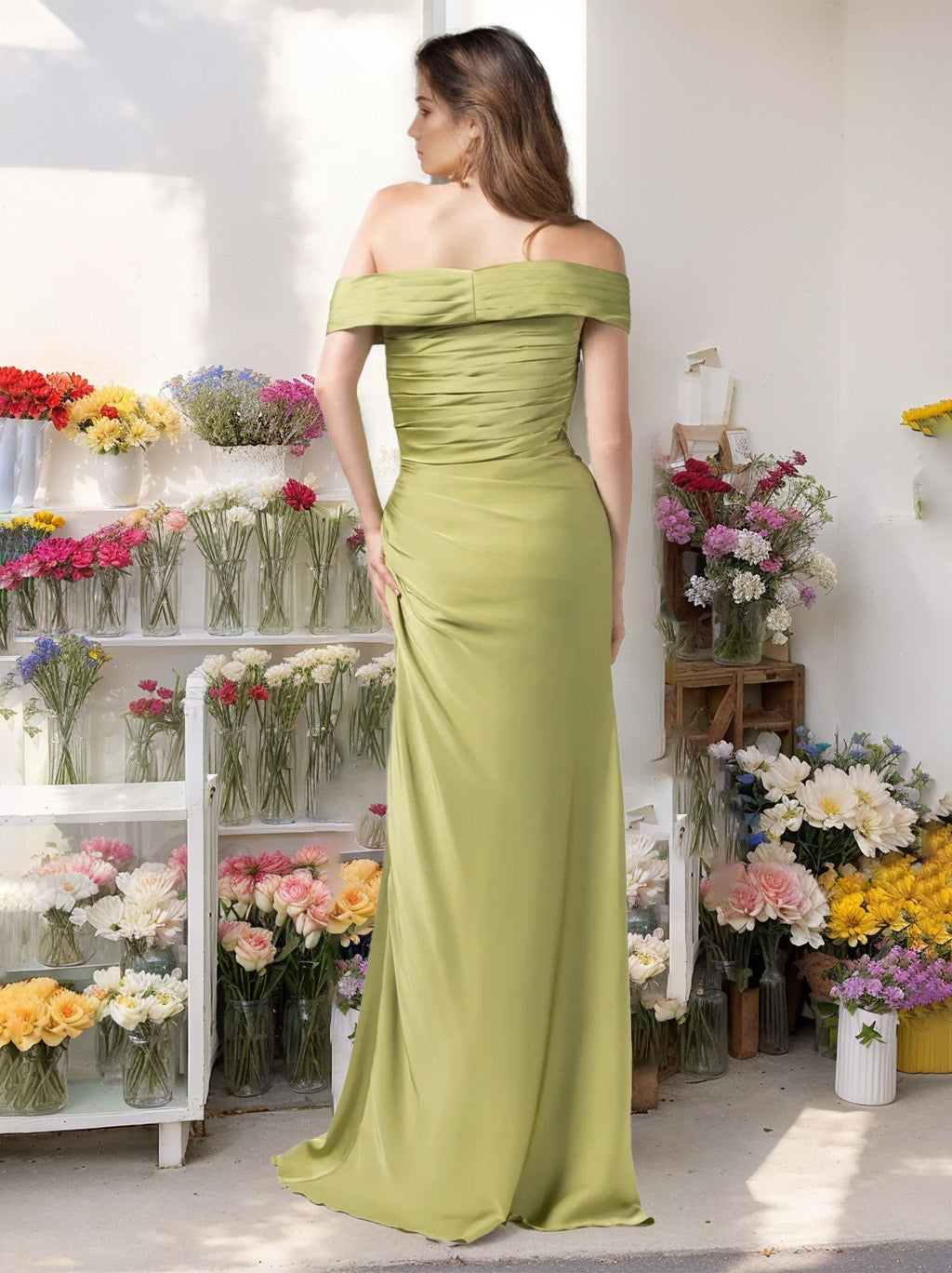 Off-the-shoulder Princess A-Line Bridesmaid Dresses with Side Split and Ruffled Floor-Length Hem