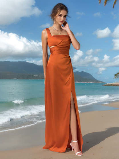 Square Neck Silk Satin Bridesmaid Dress with Side Split, Floor-Length and Sleeveless