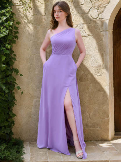 One-Shoulder Sleeveless A-Line Floor-Length Chiffon Bridesmaid Dress with Ruffles and Side Split