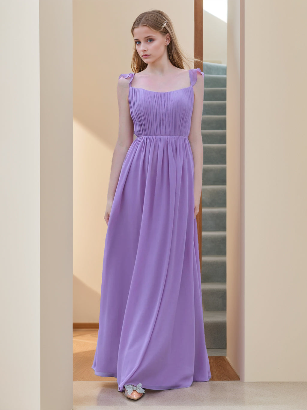 Square Neck Sleeveless Floor-Length A-Line Princess Bridesmaid Dresses with Ruffles