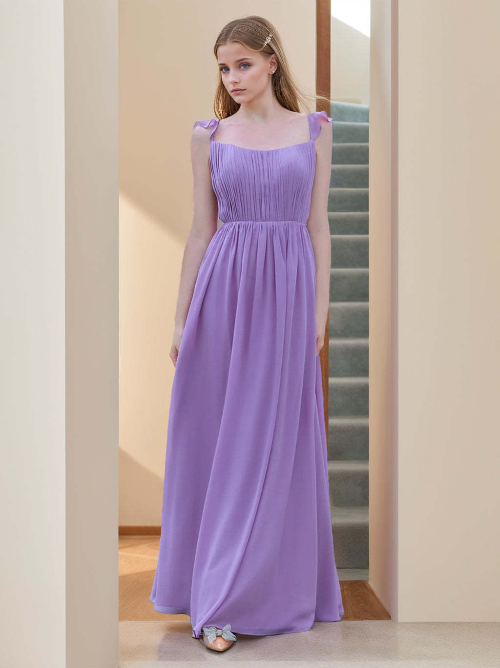 Square Neck Sleeveless Floor-Length A-Line Princess Bridesmaid Dresses with Ruffles