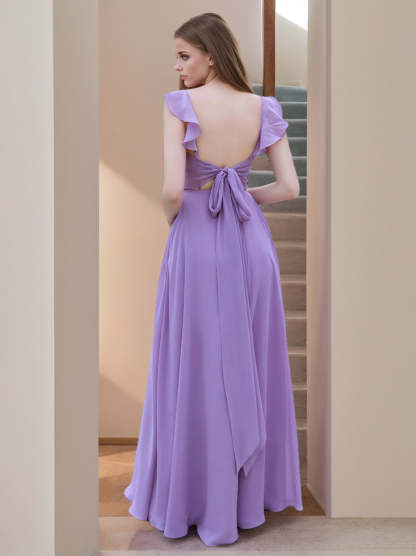 Square Neck Sleeveless Floor-Length A-Line Princess Bridesmaid Dresses with Ruffles