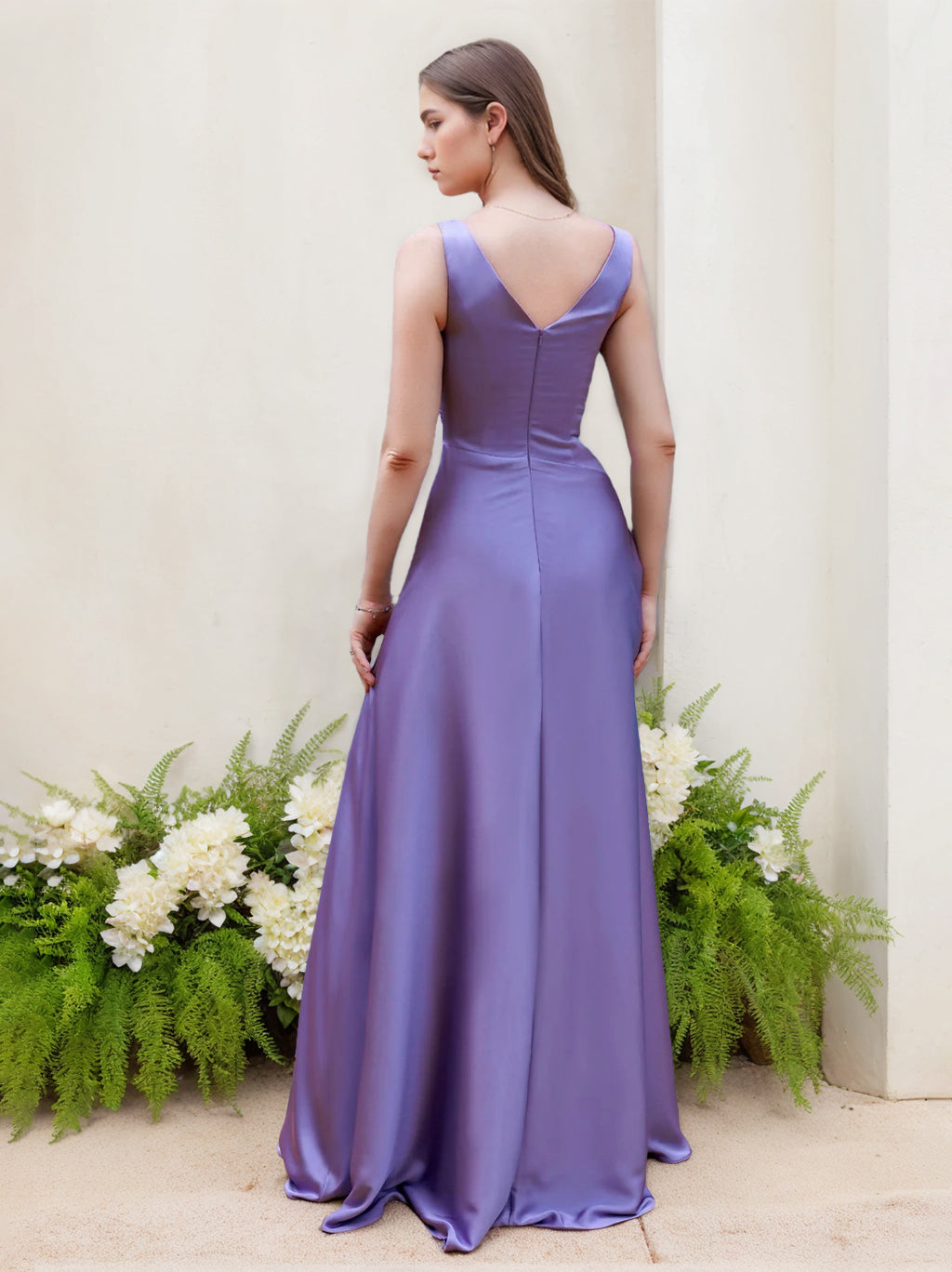 Princess V-Neck A-Line Sleeveless Plus Size Bridesmaid Dress in Stretch Satin with Ruffles and Floor-Length Hem-BMbridal.UK