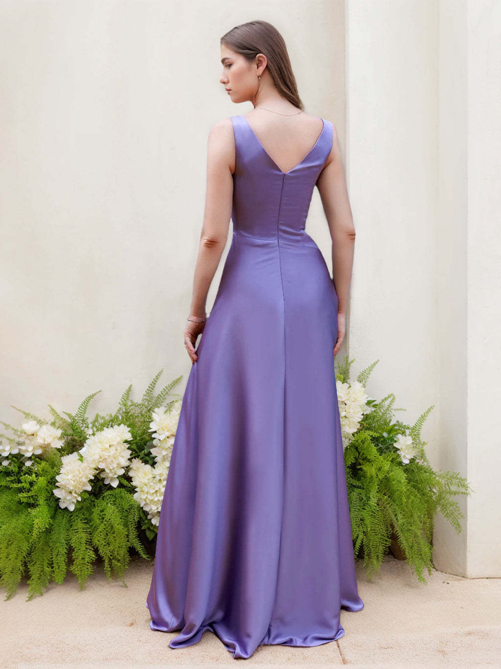 Princess V-Neck A-Line Sleeveless Plus Size Bridesmaid Dress in Stretch Satin with Ruffles and Floor-Length Hem-BMbridal.UK