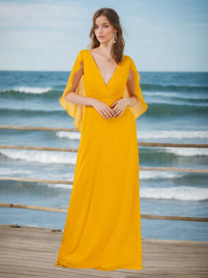 Unique Ruffled Chiffon Bridesmaid Dress with Deep V-Neck and Floor-Length Silhouette