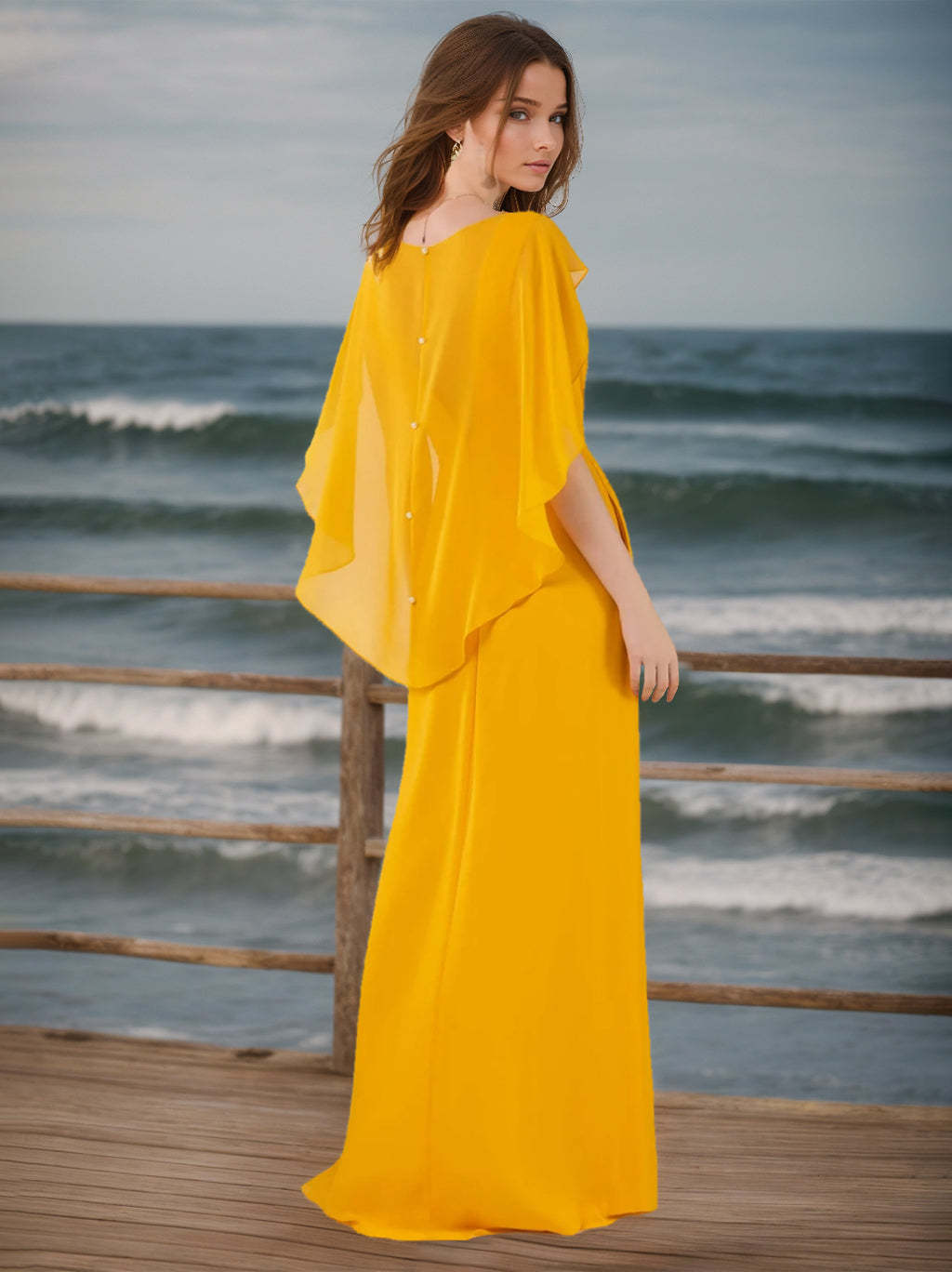 Unique Ruffled Chiffon Bridesmaid Dress with Deep V-Neck and Floor-Length Silhouette