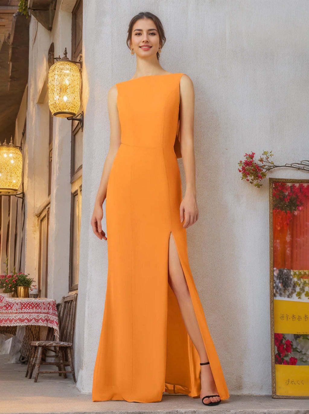 Floor-Length Sleeveless A-Line Bridesmaid Dress with Princess Round Neck and Side Split