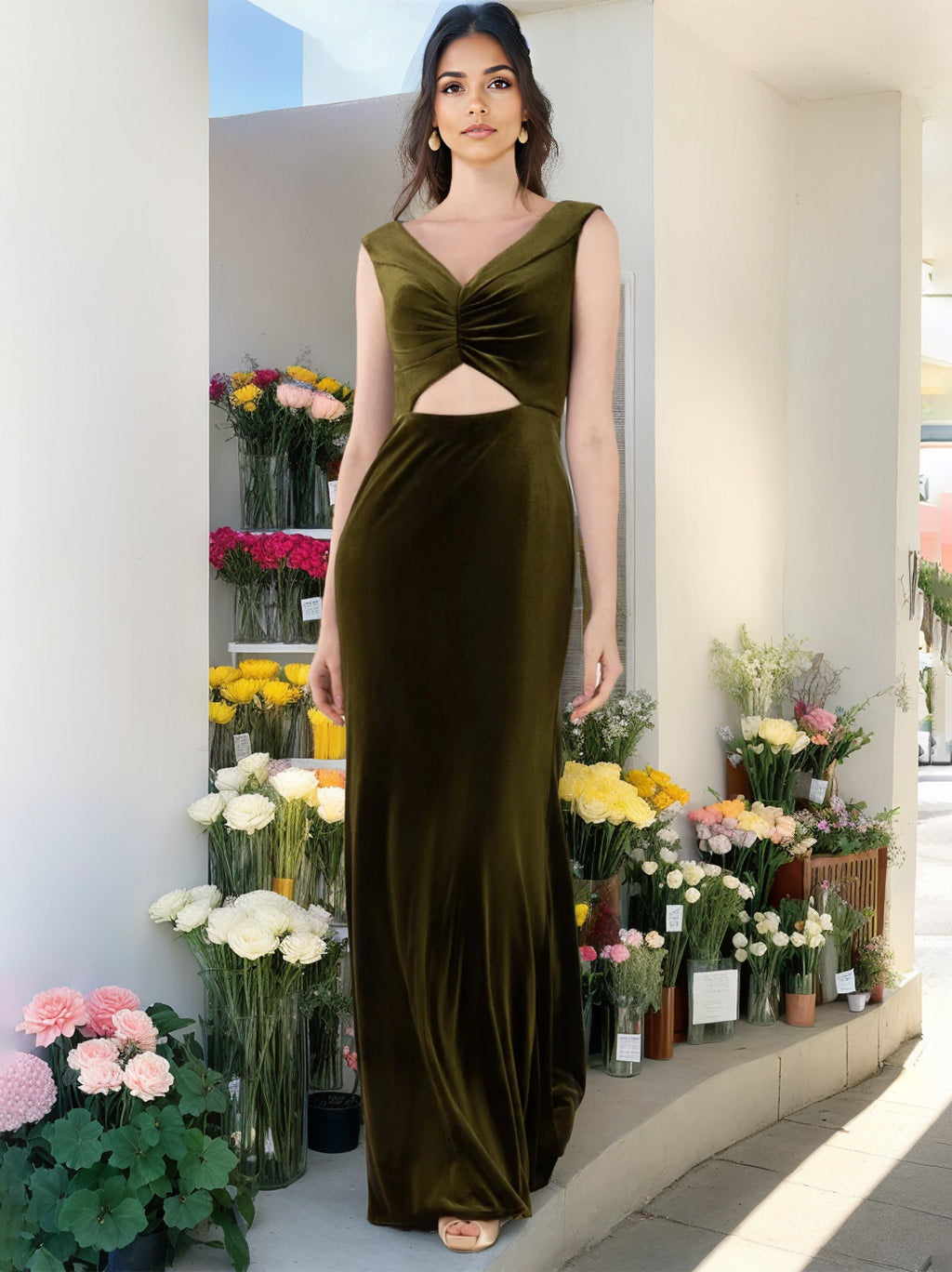 Unique V-Neck Princess A-Line Sleeveless Velvet Bridesmaid Dresses with Ruffles in Floor-Length