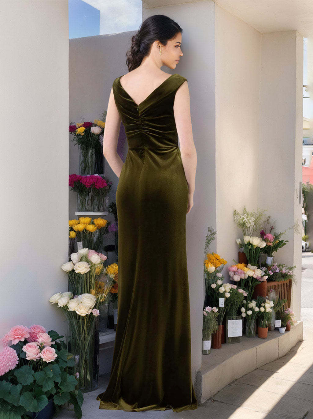 Unique V-Neck Princess A-Line Sleeveless Velvet Bridesmaid Dresses with Ruffles in Floor-Length