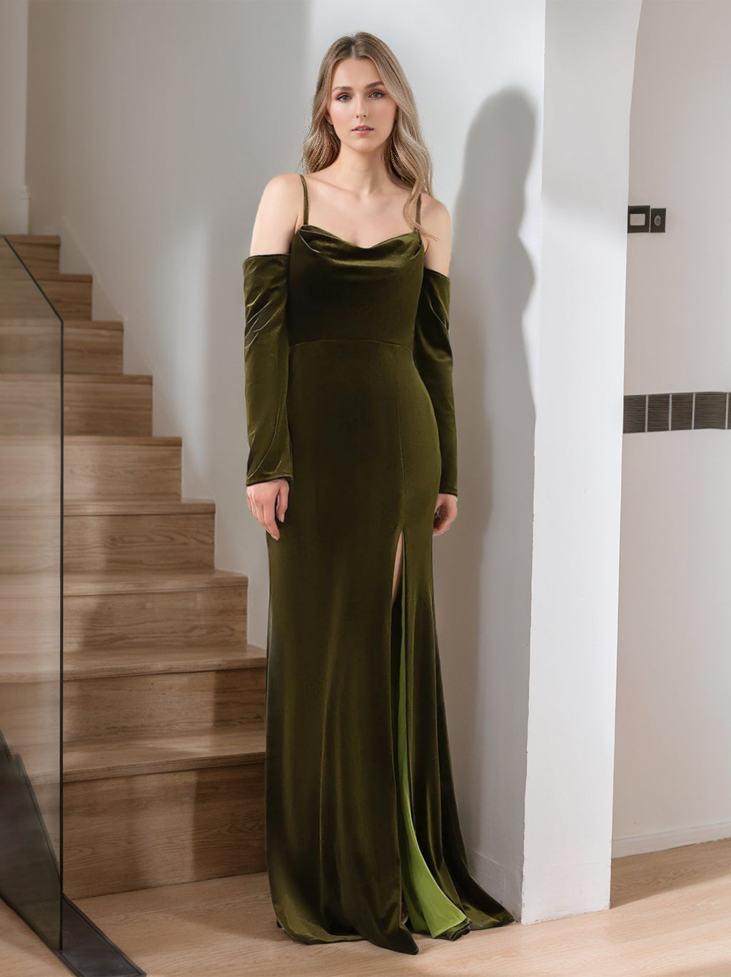 Unique Velvet Floor-Length Bridesmaid Dresses with Spaghetti Straps and Side Split