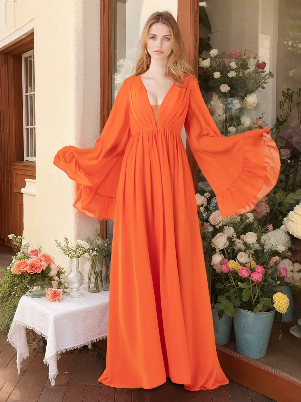 Floor-Length A-Line Princess Bridesmaid Dresses with Deep V-Neck and Long Ruffled Sleeves