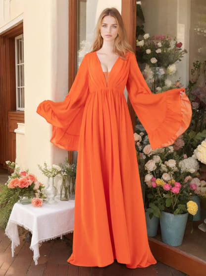 Floor-Length A-Line Princess Bridesmaid Dresses with Deep V-Neck and Long Ruffled Sleeves