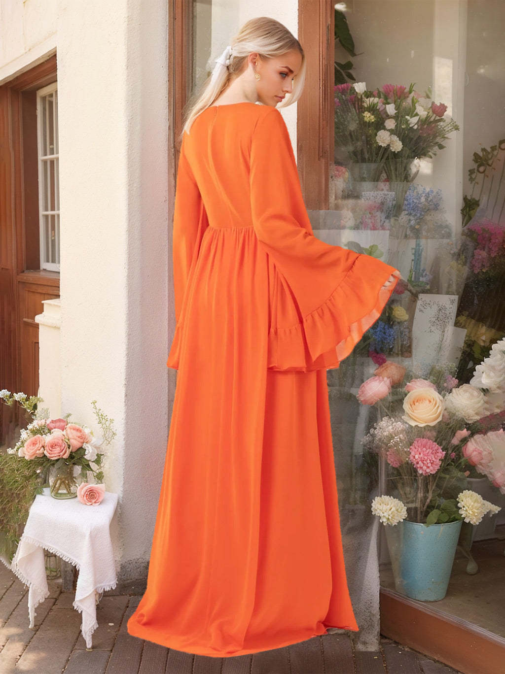 Floor-Length A-Line Princess Bridesmaid Dresses with Deep V-Neck and Long Ruffled Sleeves