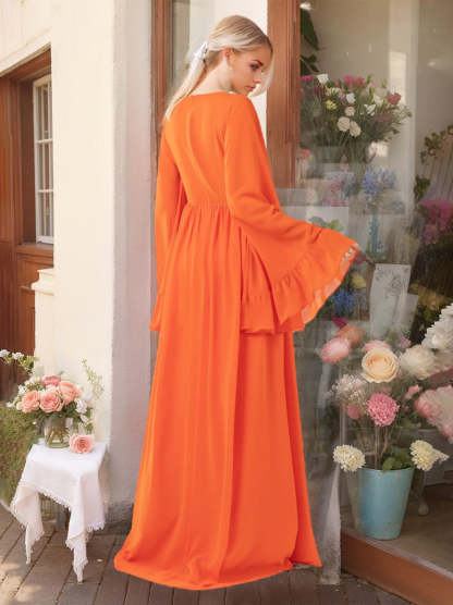 Floor-Length A-Line Princess Bridesmaid Dresses with Deep V-Neck and Long Ruffled Sleeves