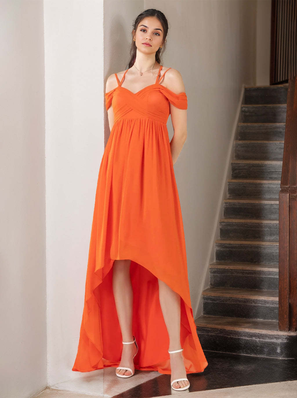 Unique Asymmetrical Princess A-Line Bridesmaid Dresses with Spaghetti Straps and Ruffles