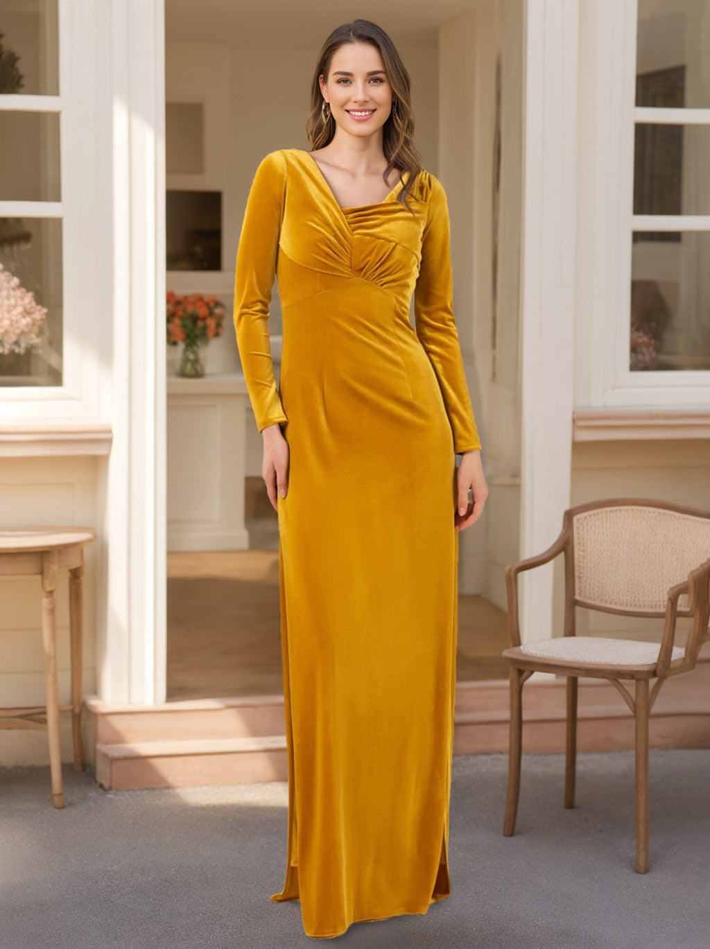Floor-Length Velvet A-Line Bridesmaid Dresses with Long Sleeves and Ruffles