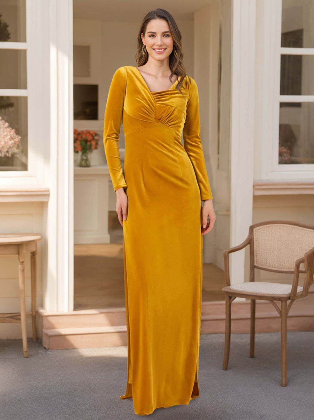 Floor-Length Velvet A-Line Bridesmaid Dresses with Long Sleeves and Ruffles