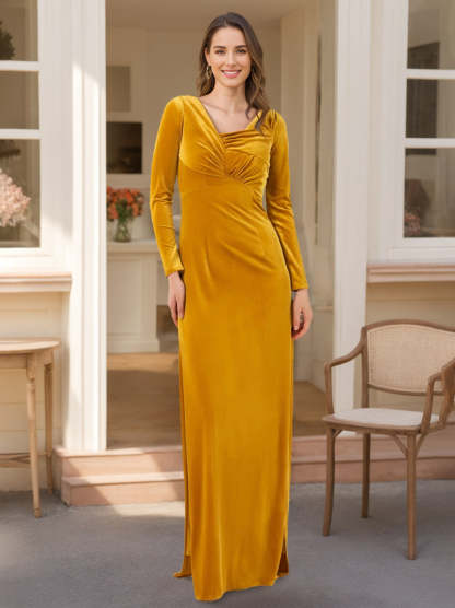 Floor-Length Velvet A-Line Bridesmaid Dresses with Long Sleeves and Ruffles