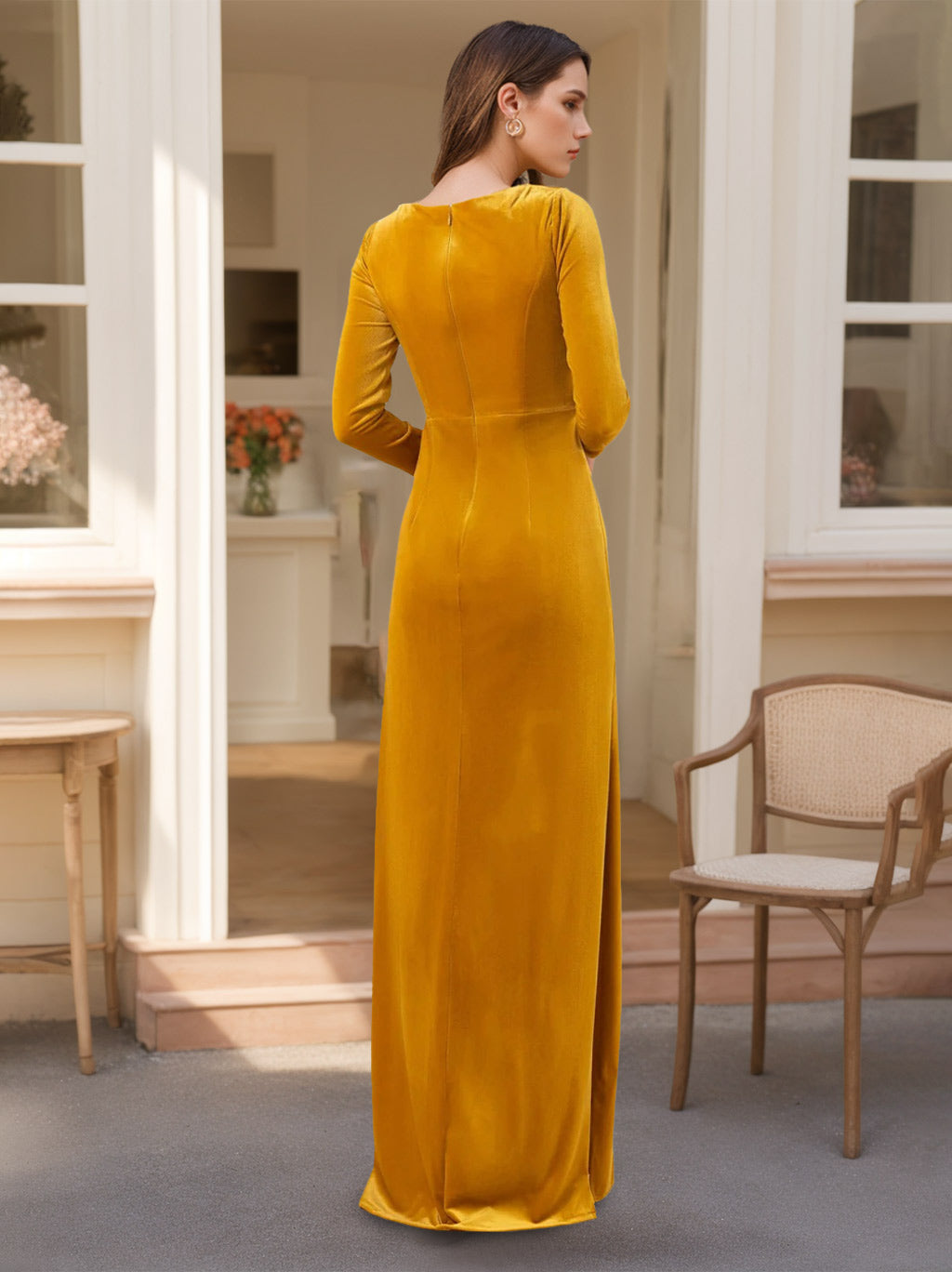 Floor-Length Velvet A-Line Bridesmaid Dresses with Long Sleeves and Ruffles