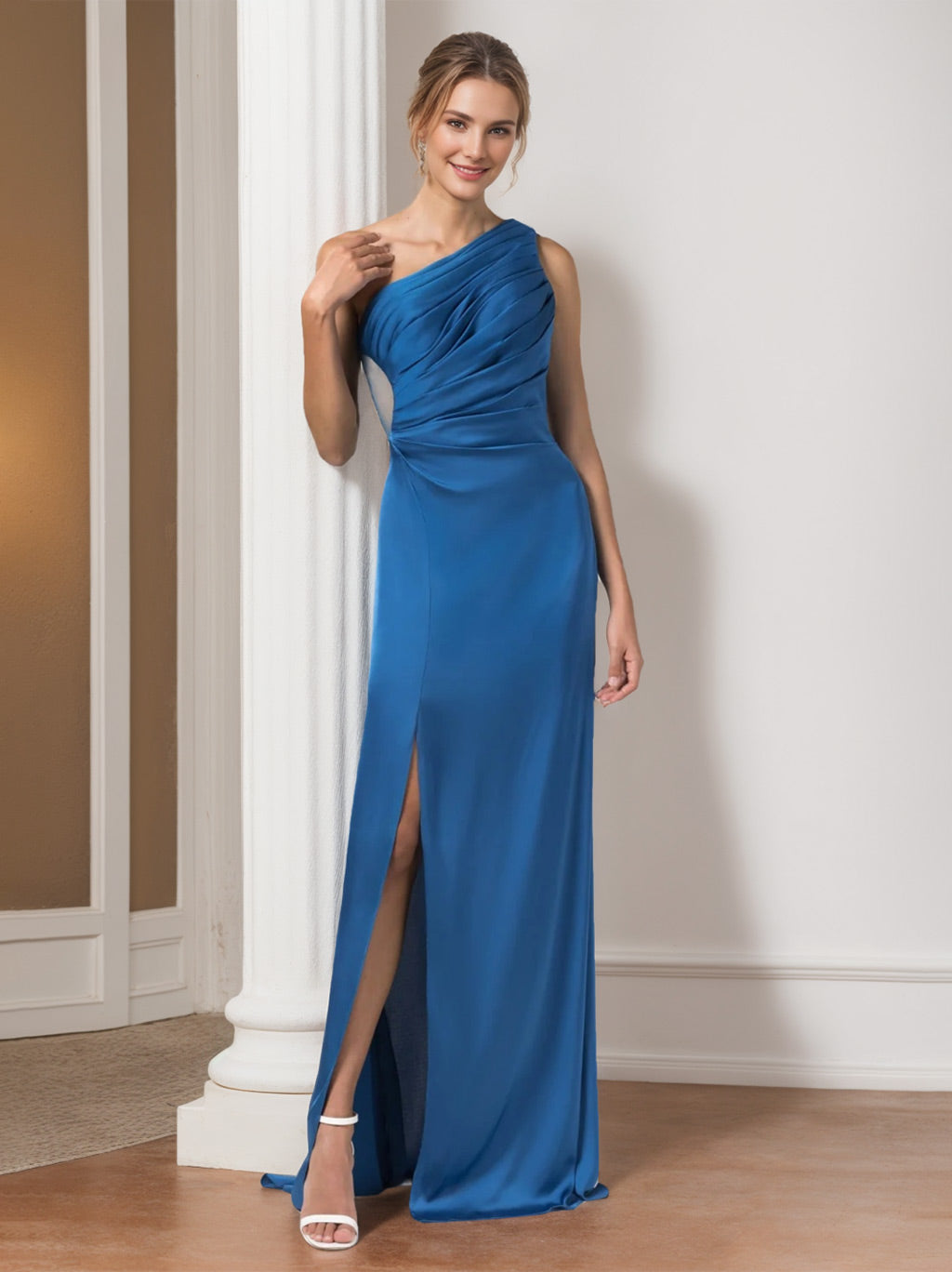 One-Shoulder Floor-Length Chiffon Bridesmaid Dress with Side Split and Ruffles in A-Line/Princess Style-BMbridal.UK
