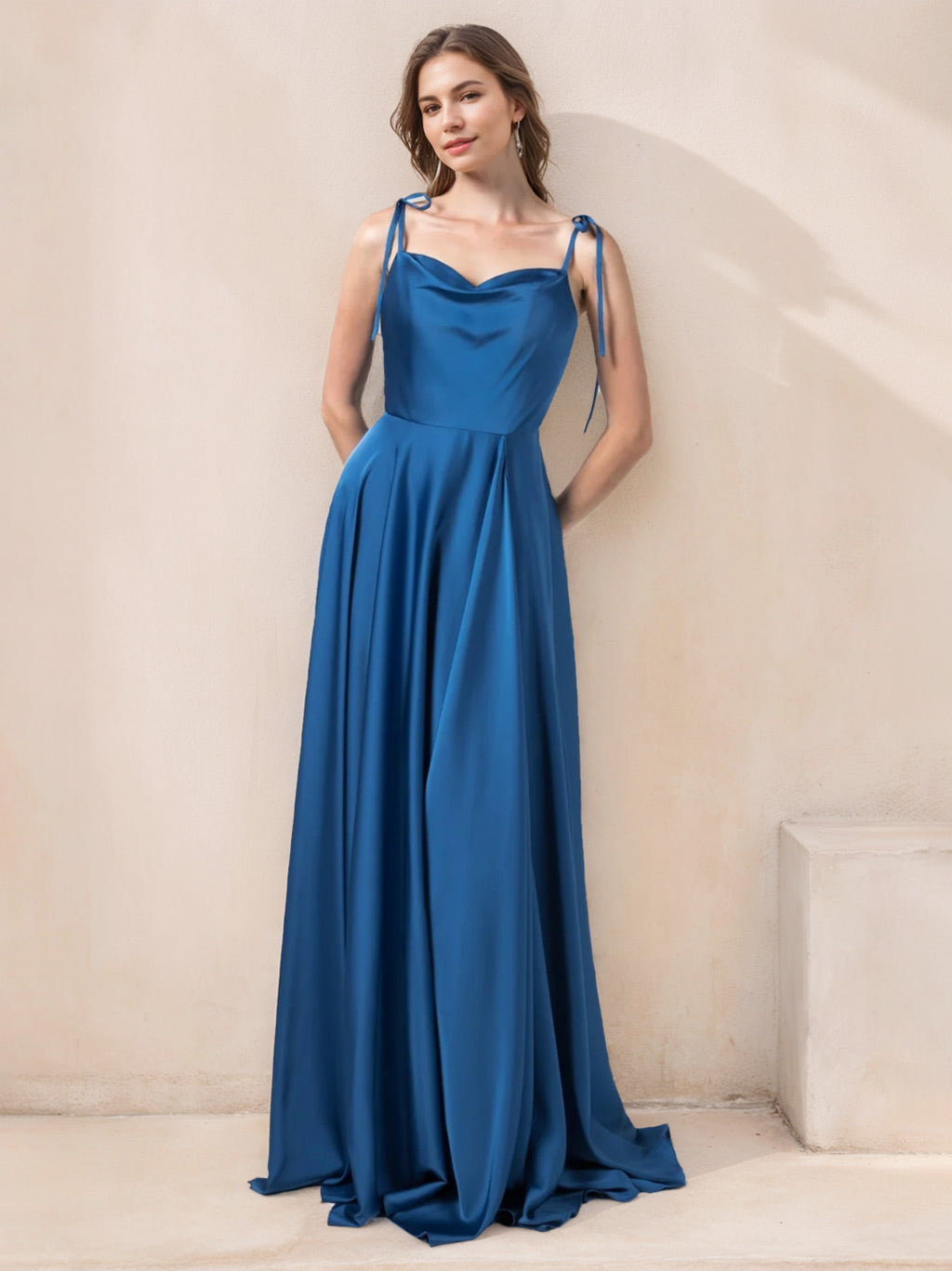 Princess A-Line Floor-Length Stretch Satin Bridesmaid Dress with Spaghetti Straps