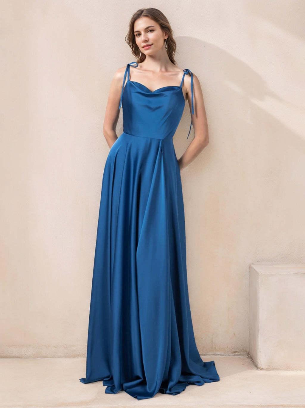 Princess A-Line Floor-Length Stretch Satin Bridesmaid Dress with Spaghetti Straps
