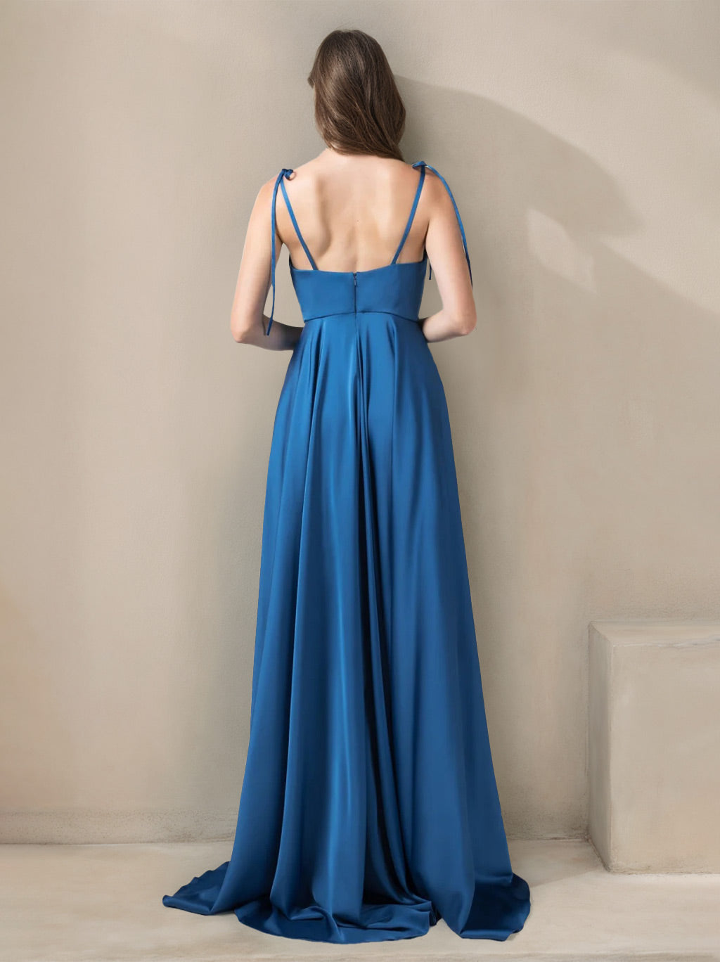 Princess A-Line Floor-Length Stretch Satin Bridesmaid Dress with Spaghetti Straps