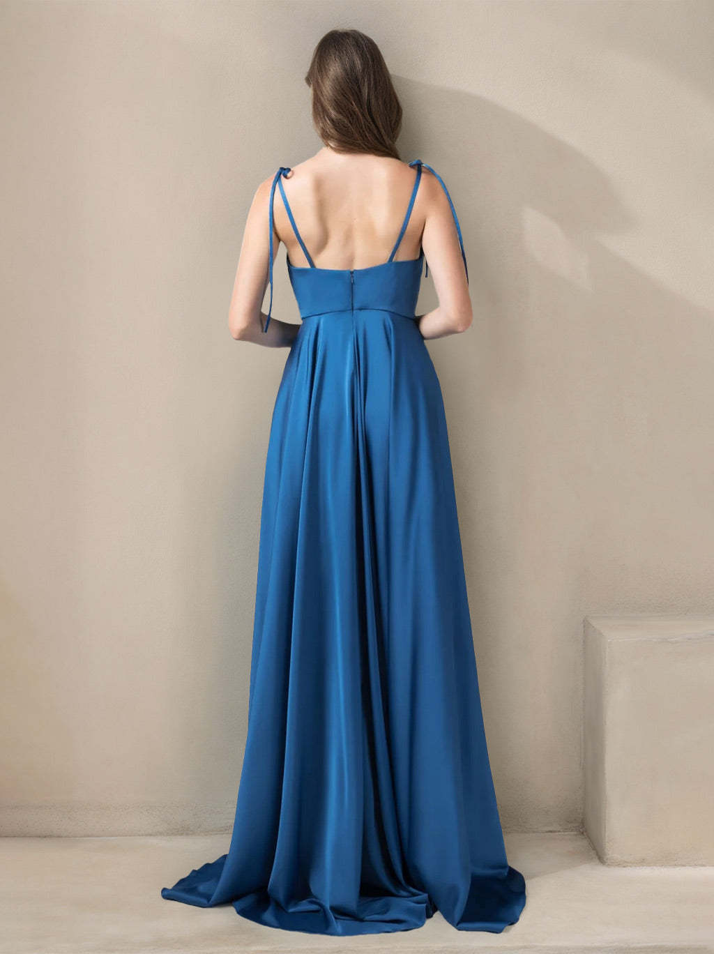 Princess A-Line Floor-Length Stretch Satin Bridesmaid Dress with Spaghetti Straps