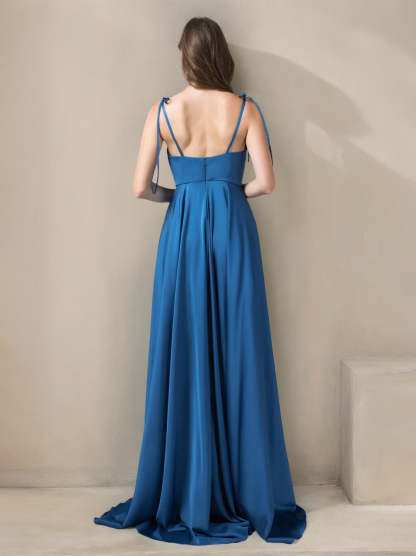 Princess A-Line Floor-Length Stretch Satin Bridesmaid Dress with Spaghetti Straps