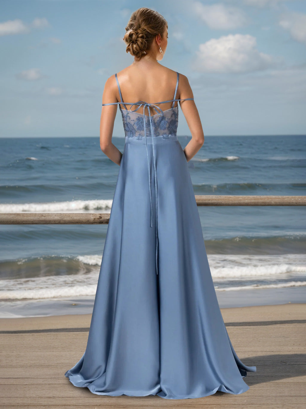 Unique Floor-Length Spaghetti Strap Bridesmaid Dress with Side Split, Lace, and Appliques