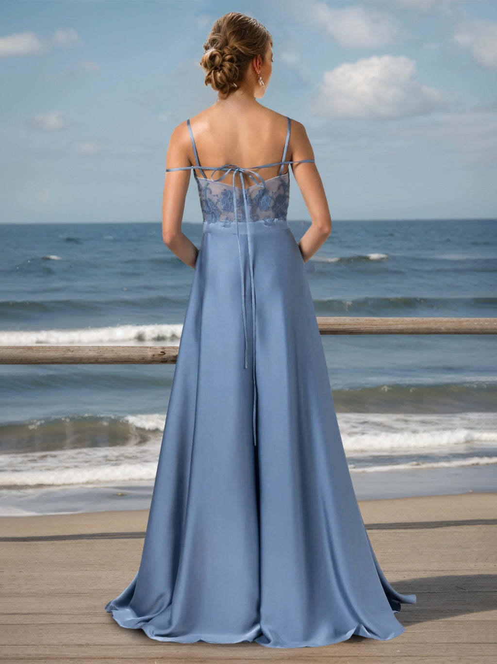 Unique Floor-Length Spaghetti Strap Bridesmaid Dress with Side Split, Lace, and Appliques