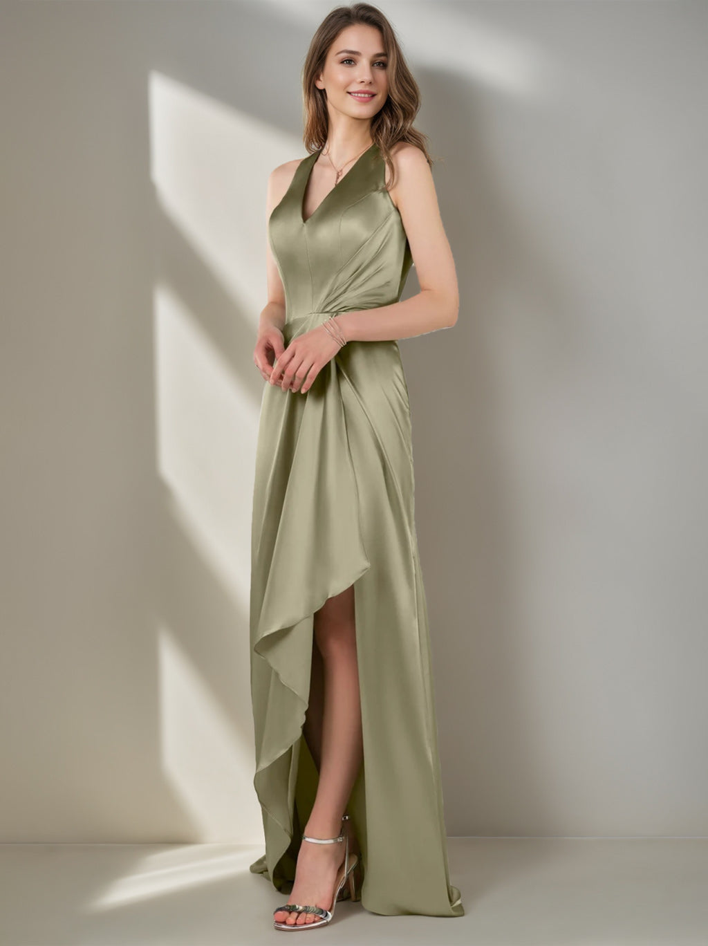 V-Neck Princess A-Line Bridesmaid Dress with Asymmetrical Ruffles and Side Split