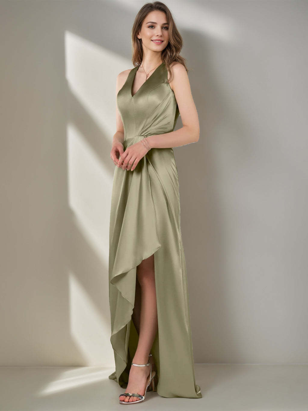V-Neck Princess A-Line Bridesmaid Dress with Asymmetrical Ruffles and Side Split