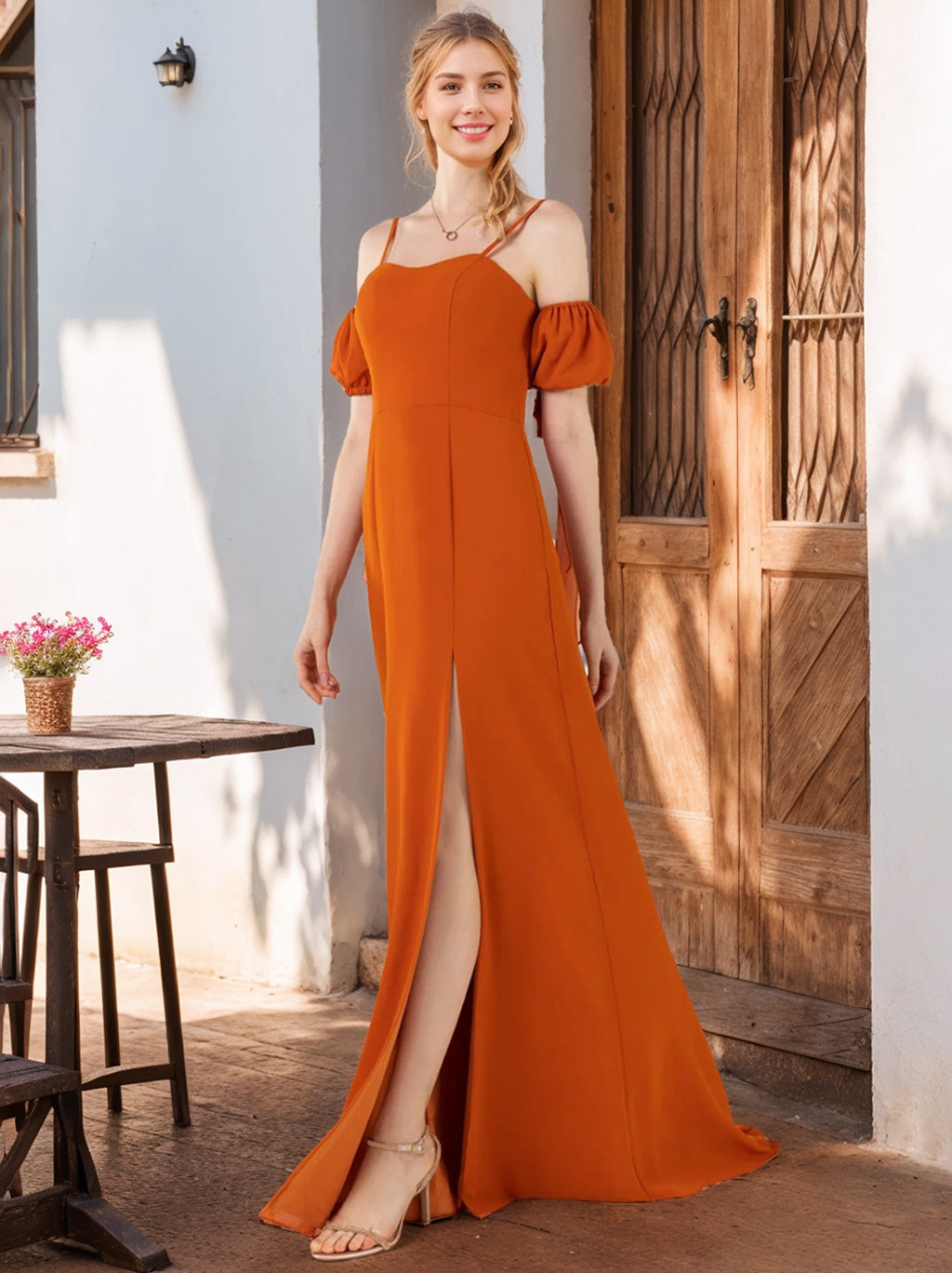 Floor-length A-line bridesmaid dresses with spaghetti straps and side split