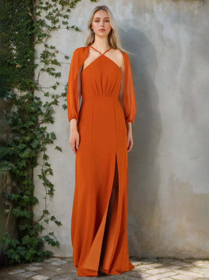 Princess A-Line Halter Neck Floor-Length Bridesmaid Dress with Long Sleeves and Ruffles