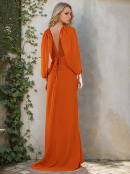 Princess A-Line Halter Neck Floor-Length Bridesmaid Dress with Long Sleeves and Ruffles