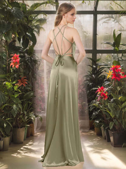 Floor-Length Halter Bridesmaid Dresses with Ruffles in A-Line/Princess Style