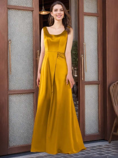 Floor-Length Satin Bridesmaid Dresses with Bowknot in A-Line/Princess Square Sleeveless Style
