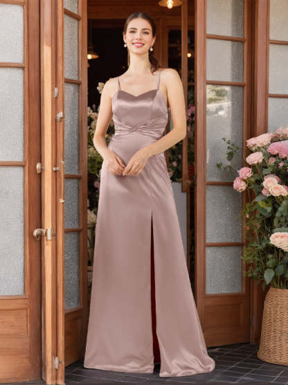 Princess A-Line Floor-Length Bridesmaid Dress with Spaghetti Straps, Side Split, and Ruffles
