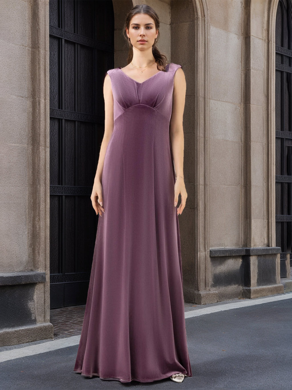 V-Neck Princess A-Line Floor-Length Velvet Bridesmaid Dress with Ruffles and Sleeveless Design