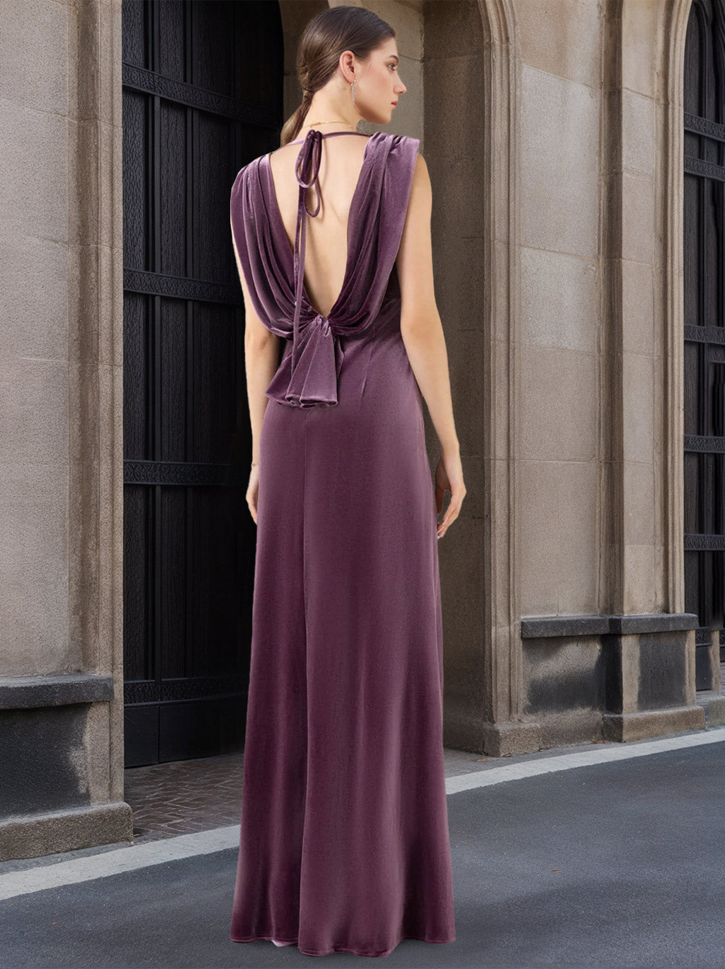 V-Neck Princess A-Line Floor-Length Velvet Bridesmaid Dress with Ruffles and Sleeveless Design