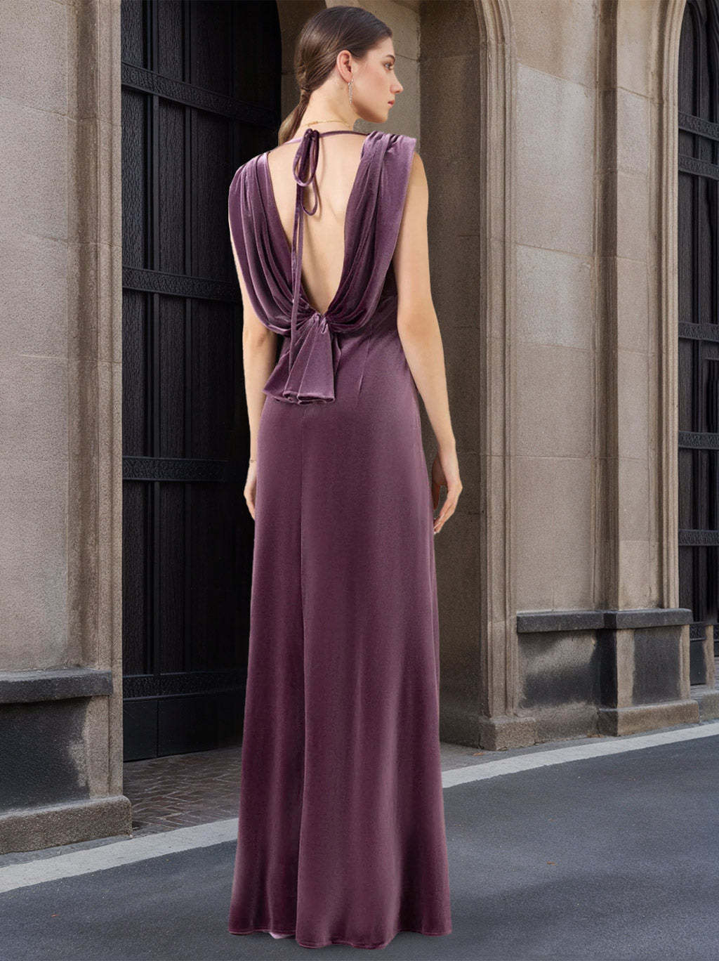 V-Neck Princess A-Line Floor-Length Velvet Bridesmaid Dress with Ruffles and Sleeveless Design
