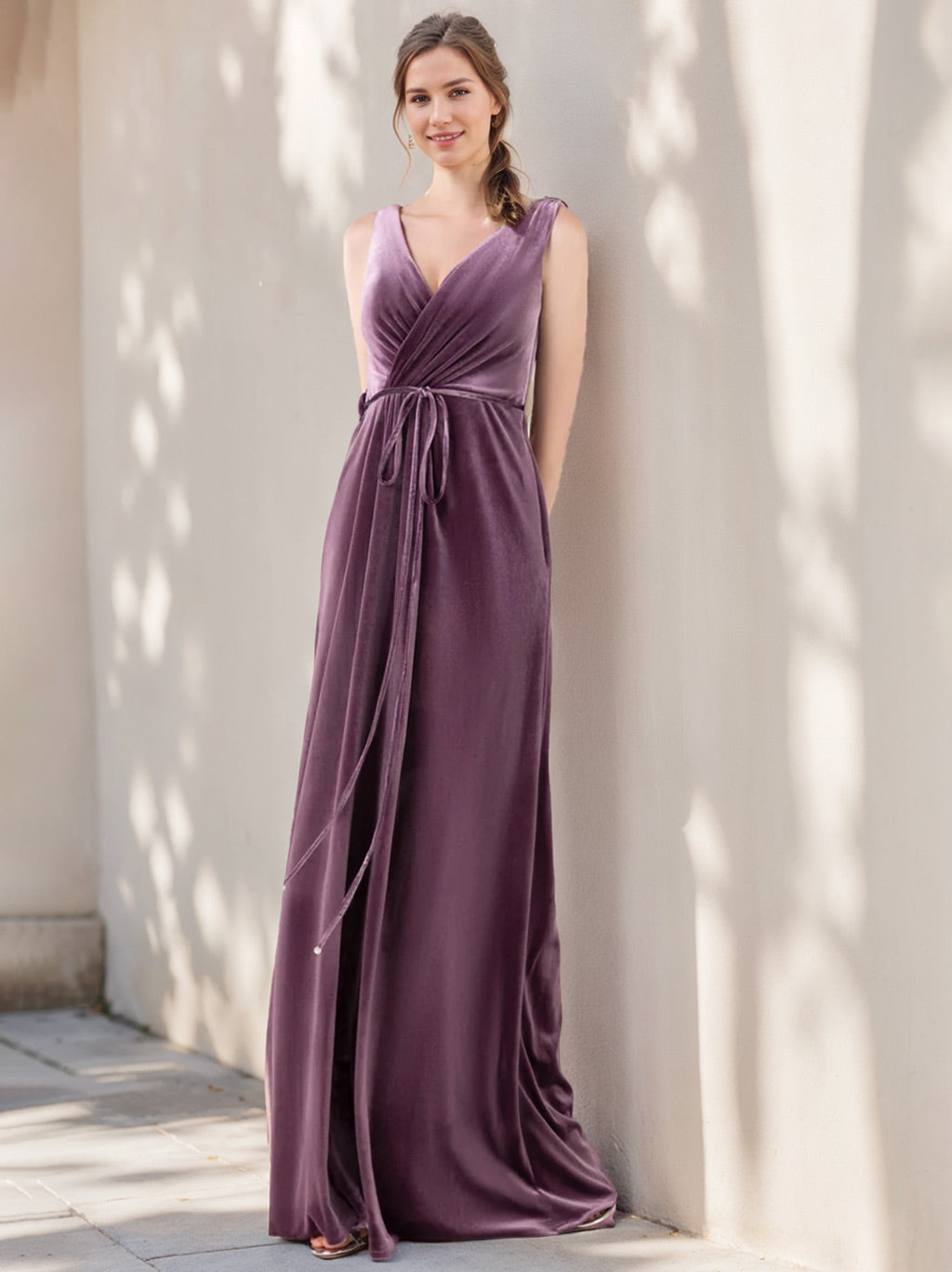 Unique V-Neck Princess A-Line Floor-Length Sleeveless Bridesmaid Dresses with Ruffles