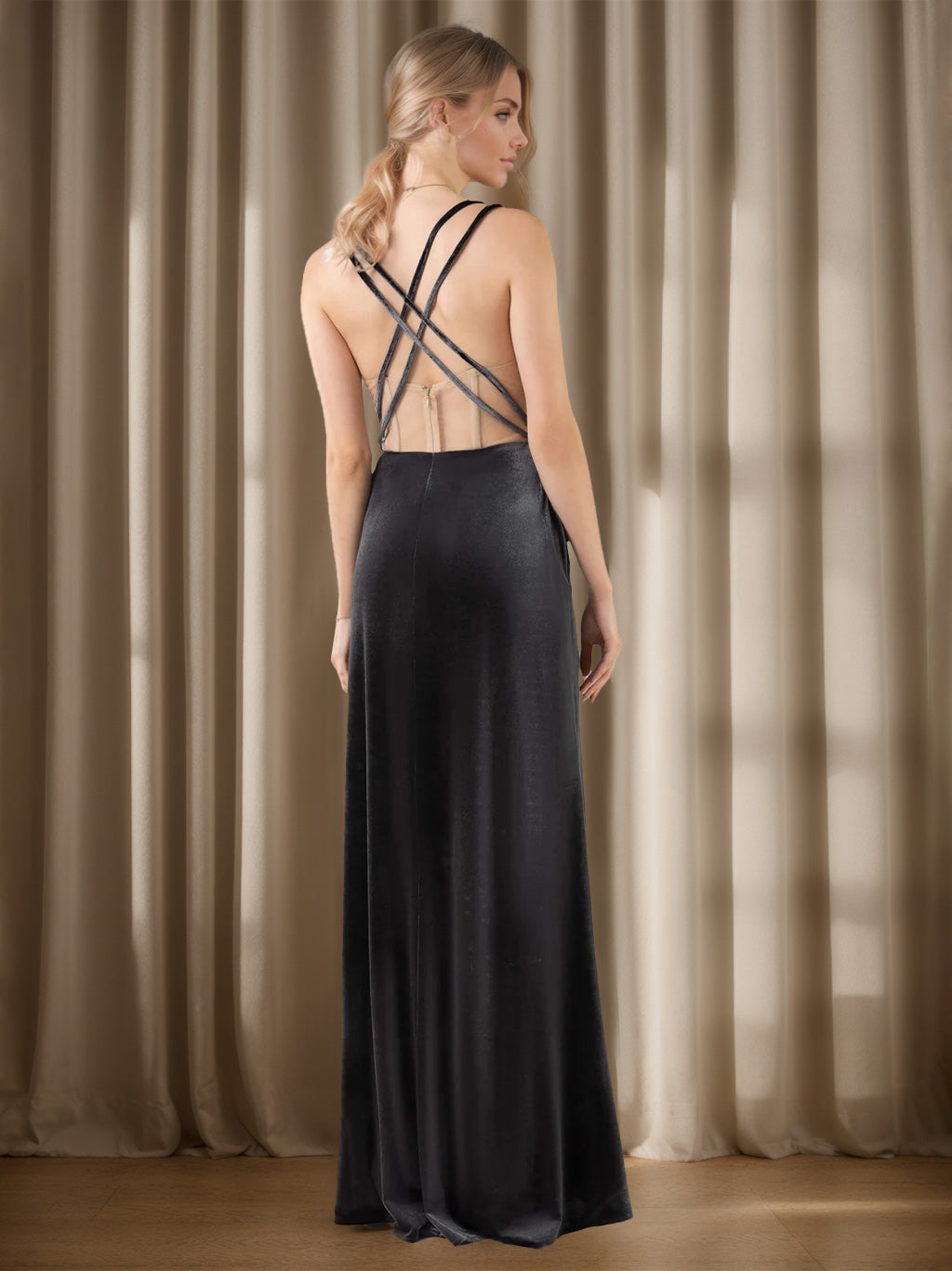 Square Princess A-Line Velvet Floor-Length Ruffled Sleeveless Bridesmaid Dresses