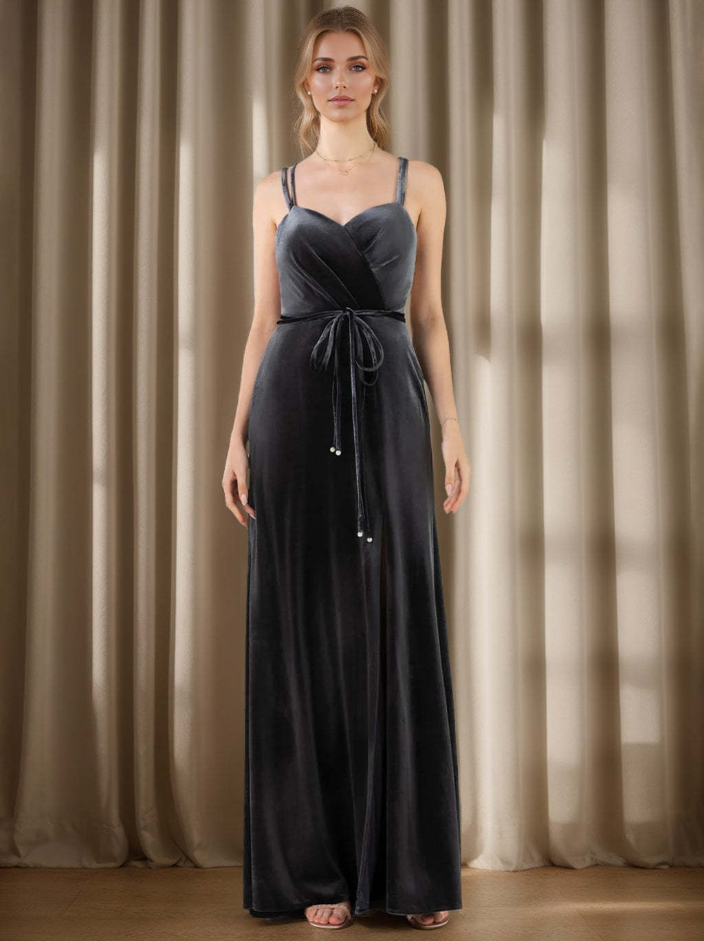 Square Princess A-Line Velvet Floor-Length Ruffled Sleeveless Bridesmaid Dresses