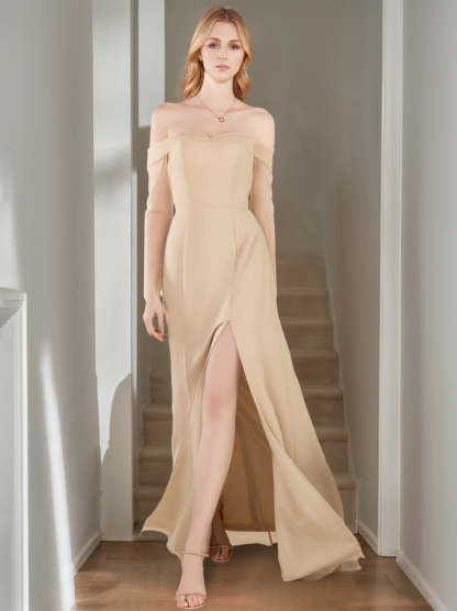 Floor-Length Off-the-Shoulder Sleeveless Bridesmaid Dresses with a Side Split in A-Line/Princess Style-BMbridal.UK