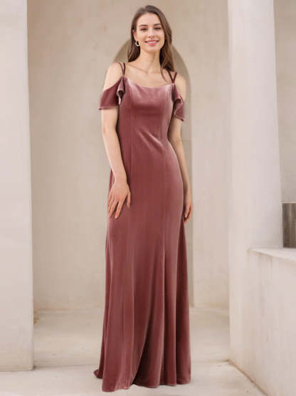 Princess A-Line Floor-Length Velvet Bridesmaid Dresses with Spaghetti Straps