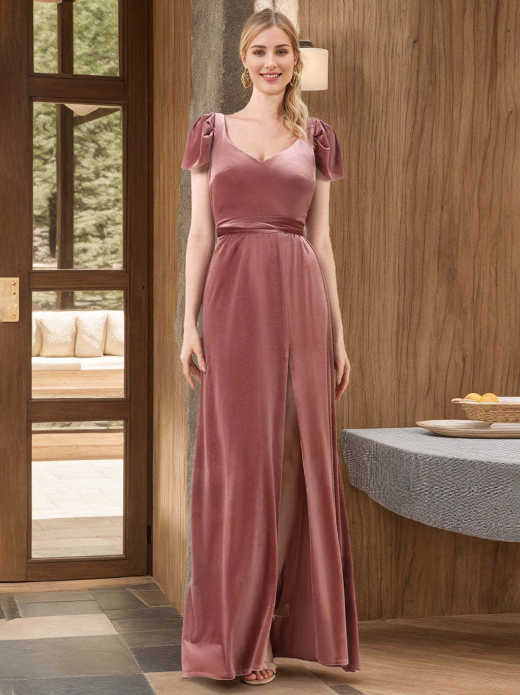 Princess A-Line V-Neck Floor-Length Velvet Bridesmaid Dress with Short Sleeves and Side Split
